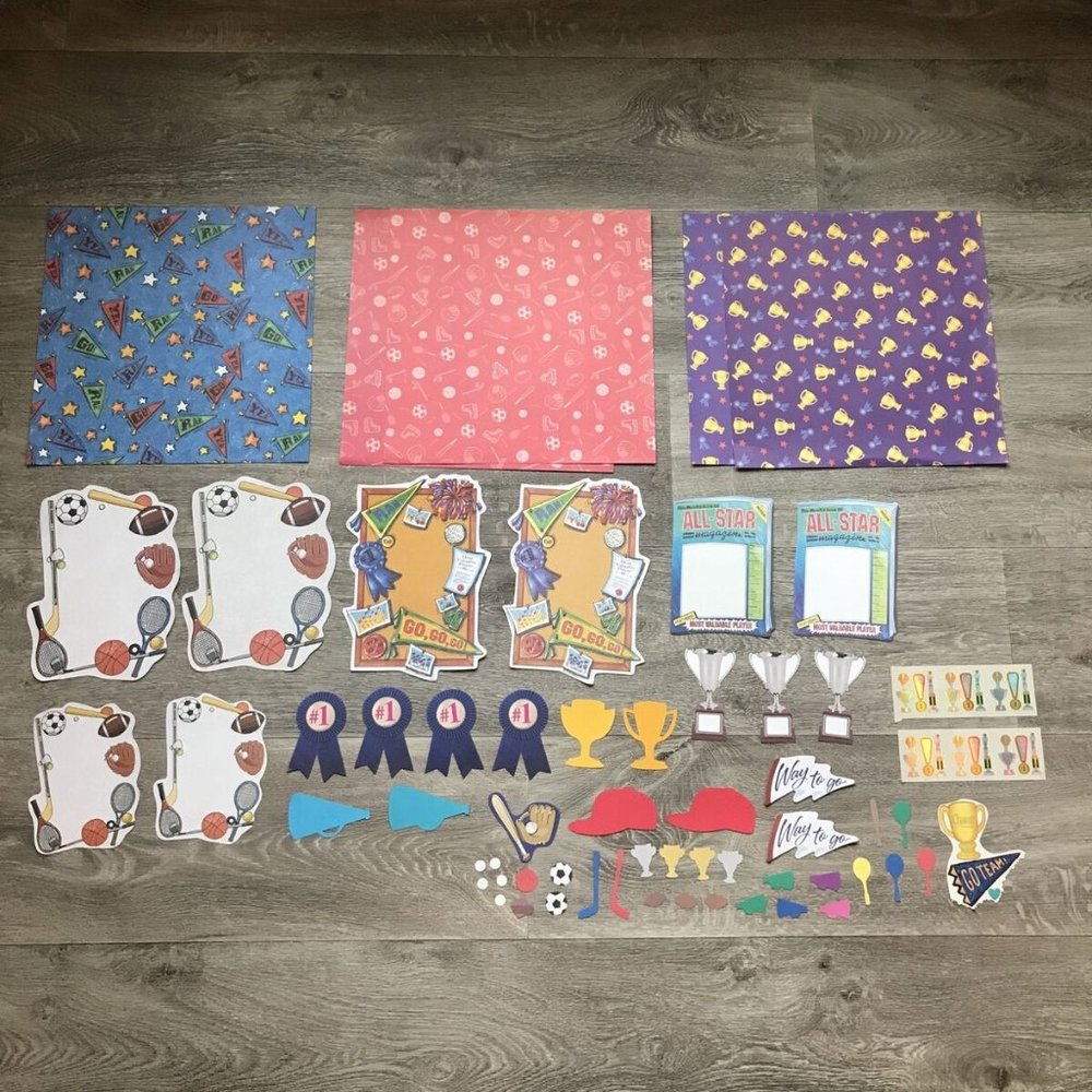 Lot Of Sports Theme Scrapbook Paper Diecuts Stickers Stencil